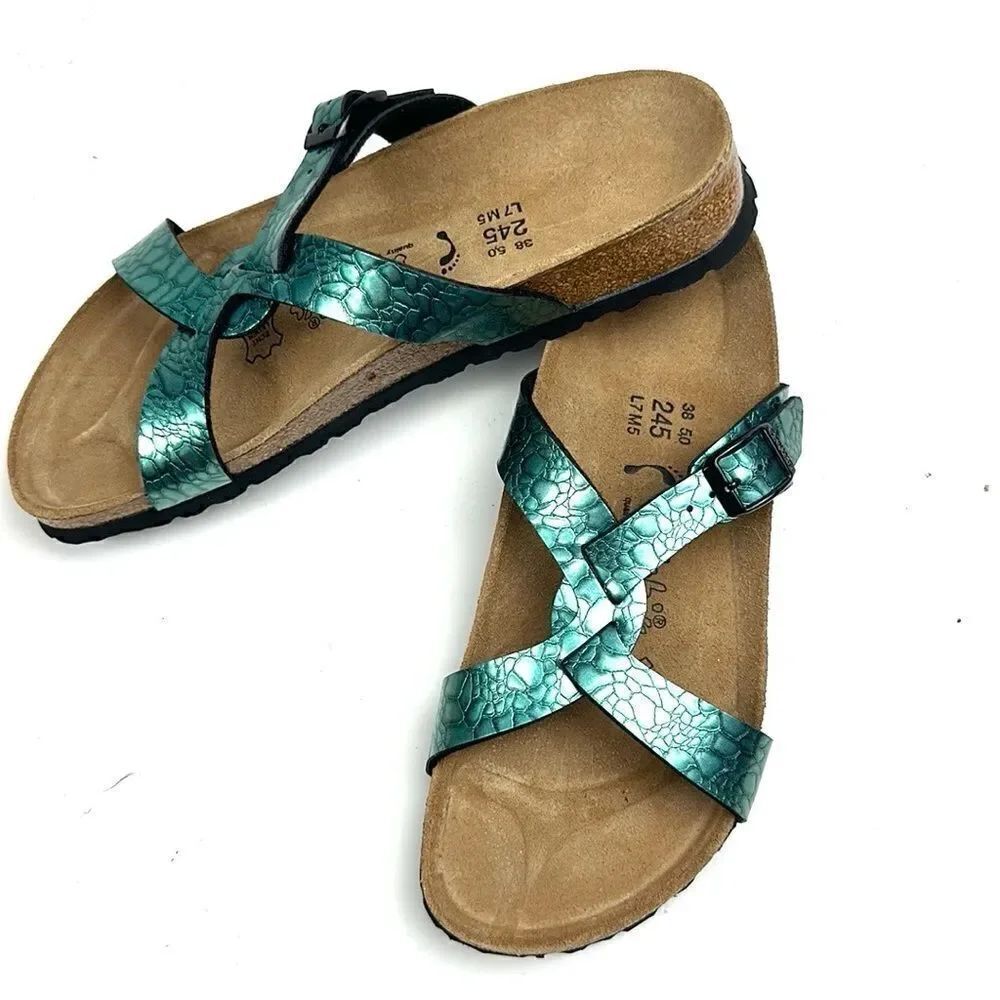 NWB Birkenstock Birki’s Sylt Metallic Turquoise Croc Embossed Sandals 38 US 7 - Picture 2 of 14